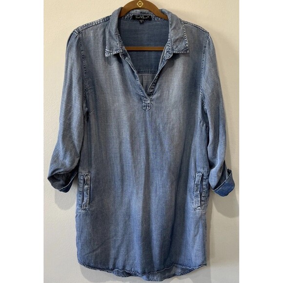 Velvet Heart Shirt Dress Women’s M Blue Chambray Tencel Roll Tab Sleeve Pockets - Picture 1 of 11